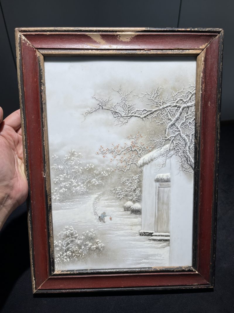 解放后 粉彩雪景图瓷板 - 图2