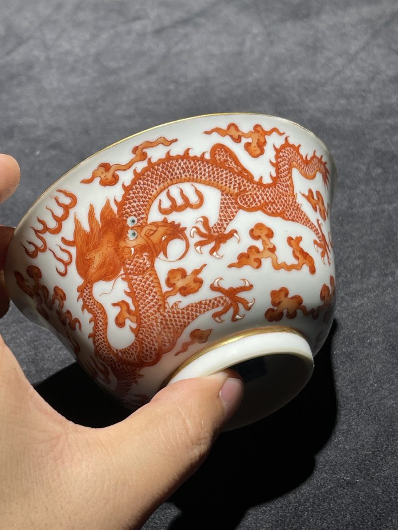 清道光 矾红龙纹茶园一对 - 图5