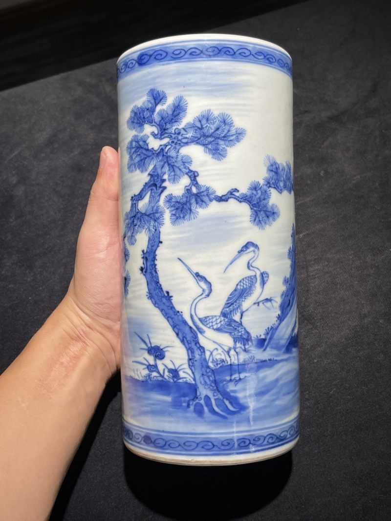 清中期 青花松鹤图经筒 - 图2