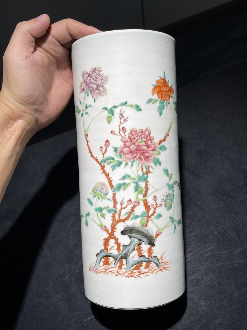 民国 粉彩花卉纹帽筒一对 - 图2
