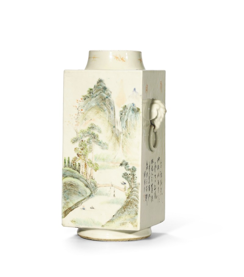 清光绪 浅绛彩山水花鸟纹琮式瓶