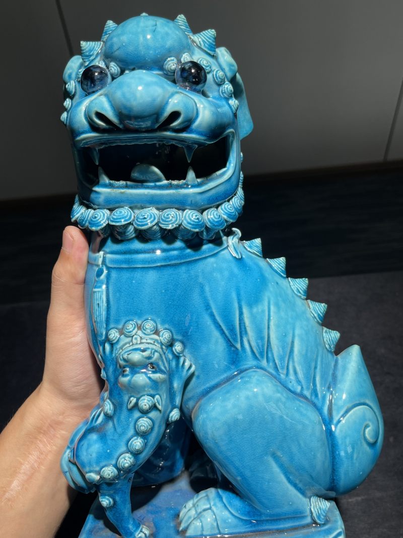 清康熙 孔雀蓝釉狮子瓷塑一对 - 图16