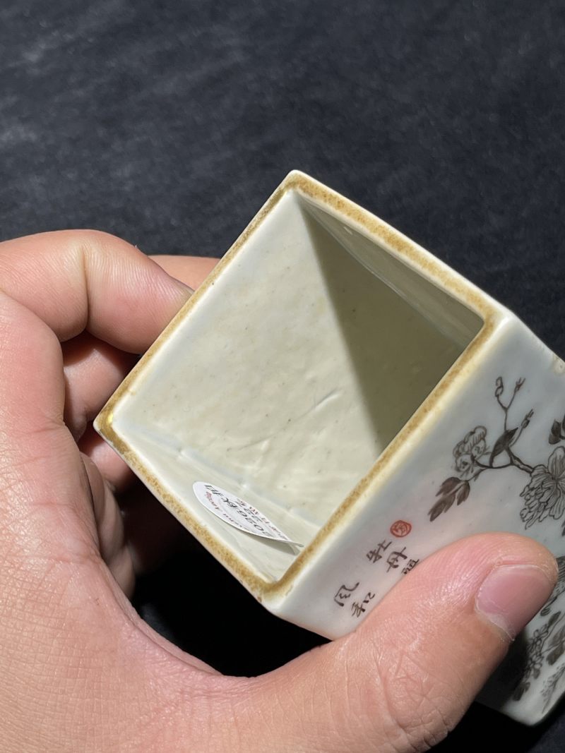 清乾隆 墨彩花鸟纹四方小笔筒 - 图9