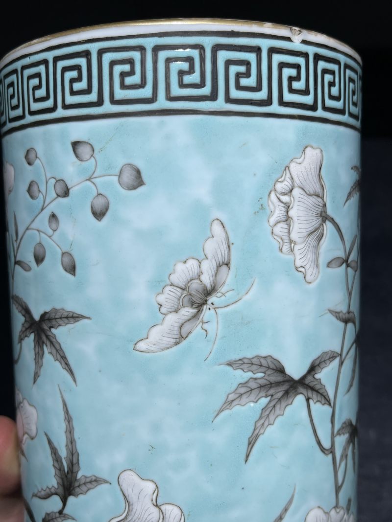 清光绪 松石绿地墨彩花鸟纹帽筒一对 - 图7