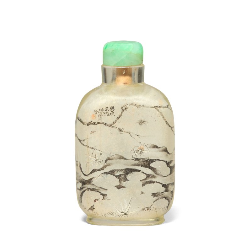 一九一零年 陳仲三 玻璃内畫鼻烟壺 | AN INSIDE-PAINTED GLASS SNUFF BOTTLE - 图1