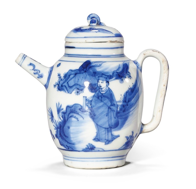 明晚期 青花人物纹茶壶 - 图1