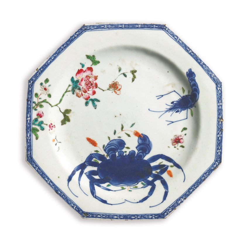 清雍正 青花粉彩虾蟹图八方盘 - 图1