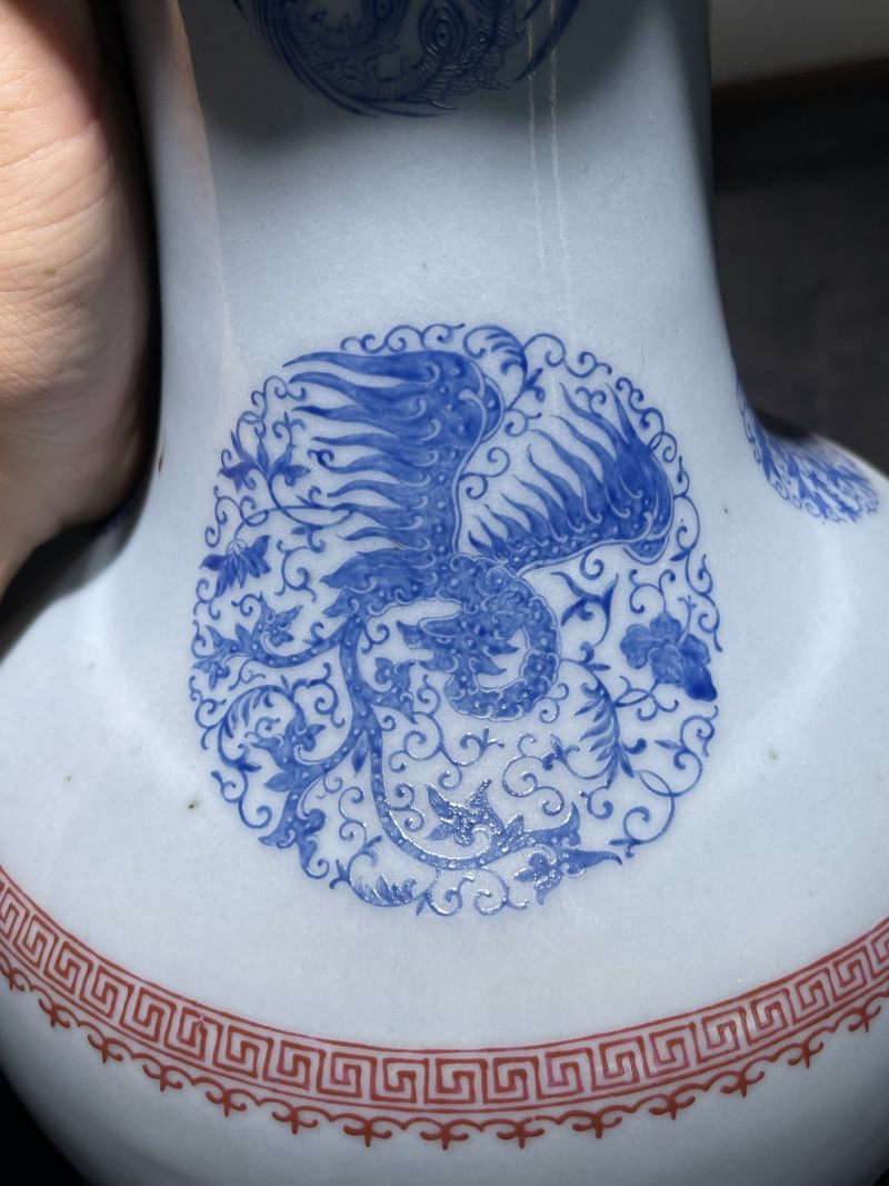 民国 天蓝釉料彩团龙团凤纹花口尊 - 图6