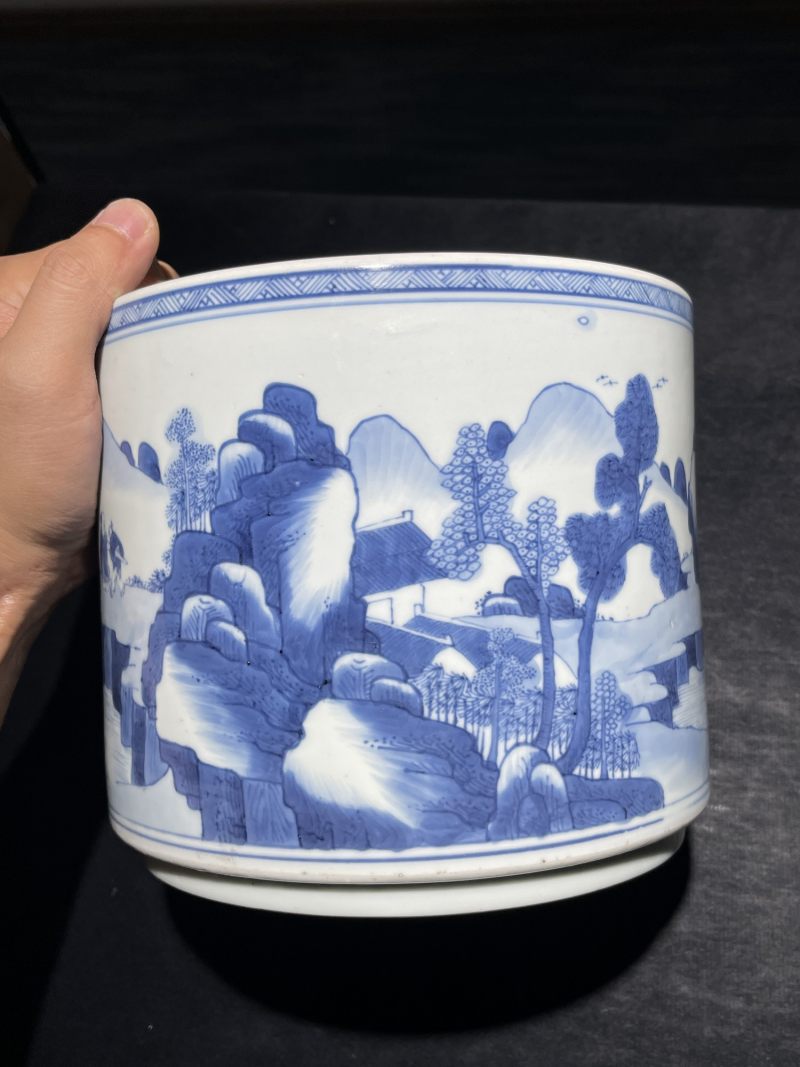 清康熙 青花山水人物纹笔筒 - 图4