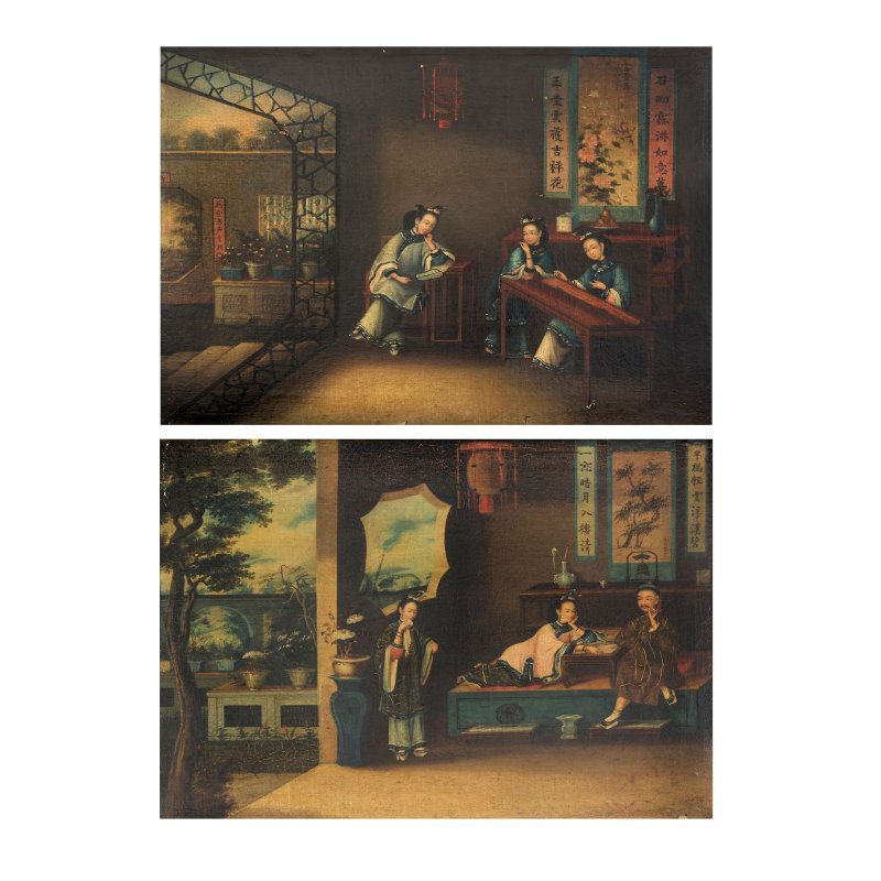 煜呱（傳） 仕女圖兩幅 布面油畫 裝框 | ATTRIBUTED TO YOUQUA (ACTIVE 1840-1870)