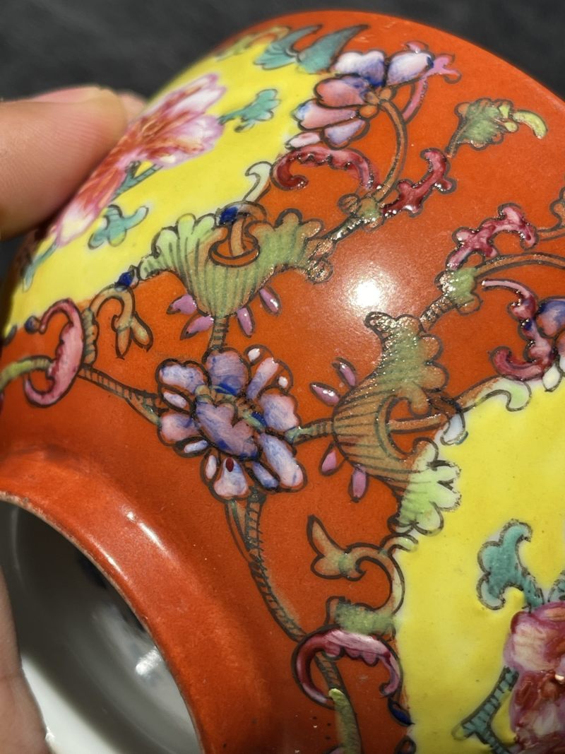 清光绪 珊瑚红开窗洋彩花卉纹碗一对 - 图14