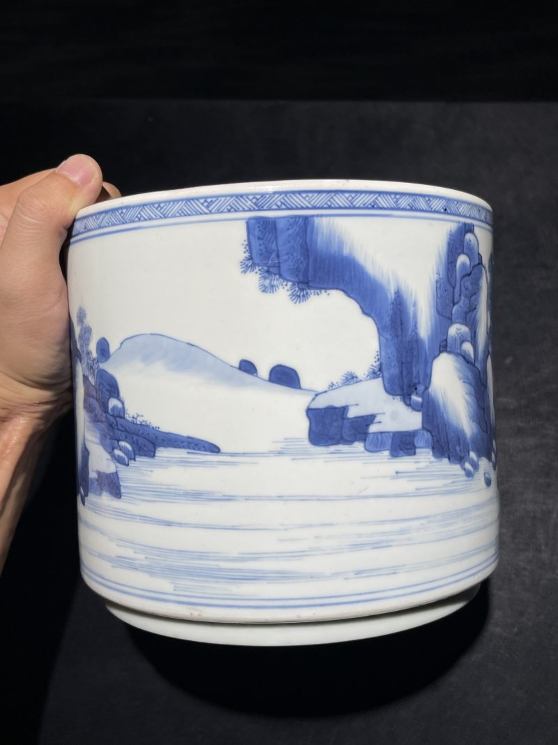 清康熙 青花山水人物纹笔筒 - 图6