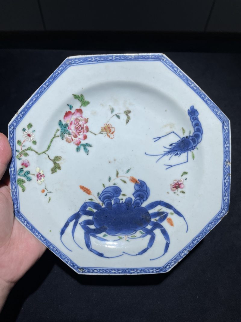清雍正 青花粉彩虾蟹图八方盘 - 图3