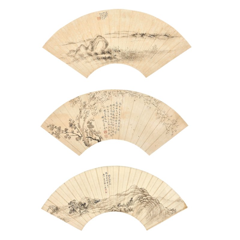 清 張之萬等（款） 扇面三幀 鏡心 | THREE FAN PAINTINGS