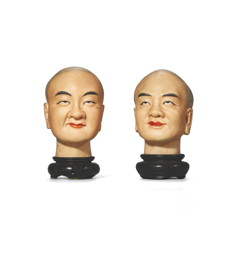 民国 曾龙生作窑彩罗汉头瓷塑一组两件