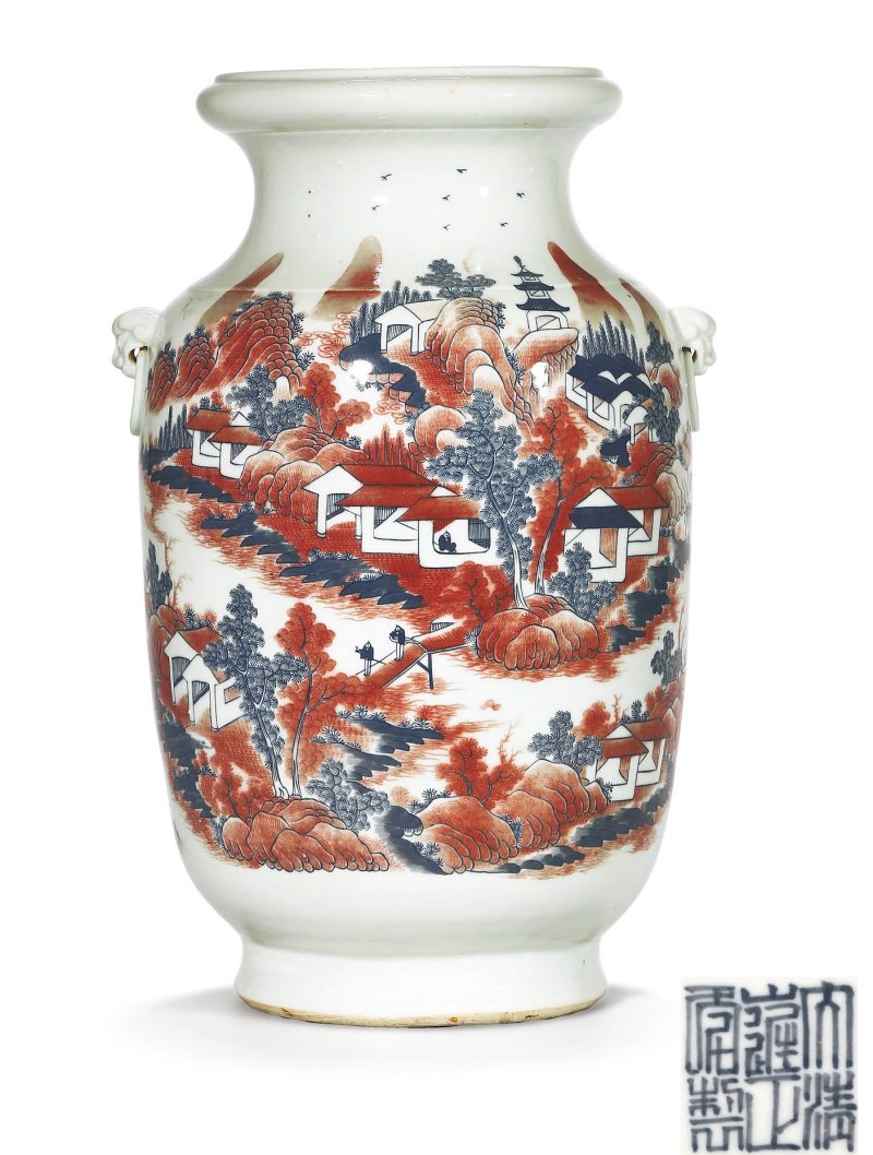 清中期 青花釉里红山水纹铺首尊