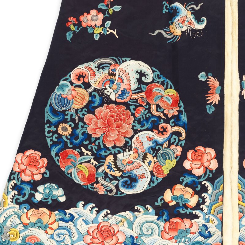 十九世紀 石青地打籽綉團花紋皮吉服褂 | A FUR-LINED MIDNIGHT-BLUE-GROUND SILK EMBROIDERED SURCOAT, JIFU GUA - 图8