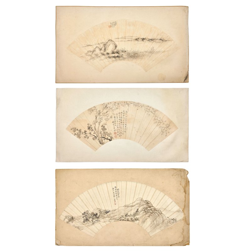 清 張之萬等（款） 扇面三幀 鏡心 | THREE FAN PAINTINGS - 图2