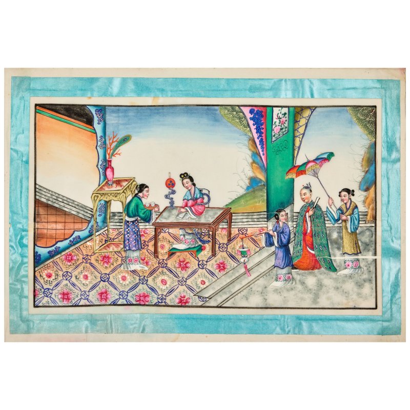 中國畫家 十九世紀 宮廷園景室内圖 冊頁十開 水粉通草畫 | CHINESE ARTIST (19TH CENTURY) - 图8