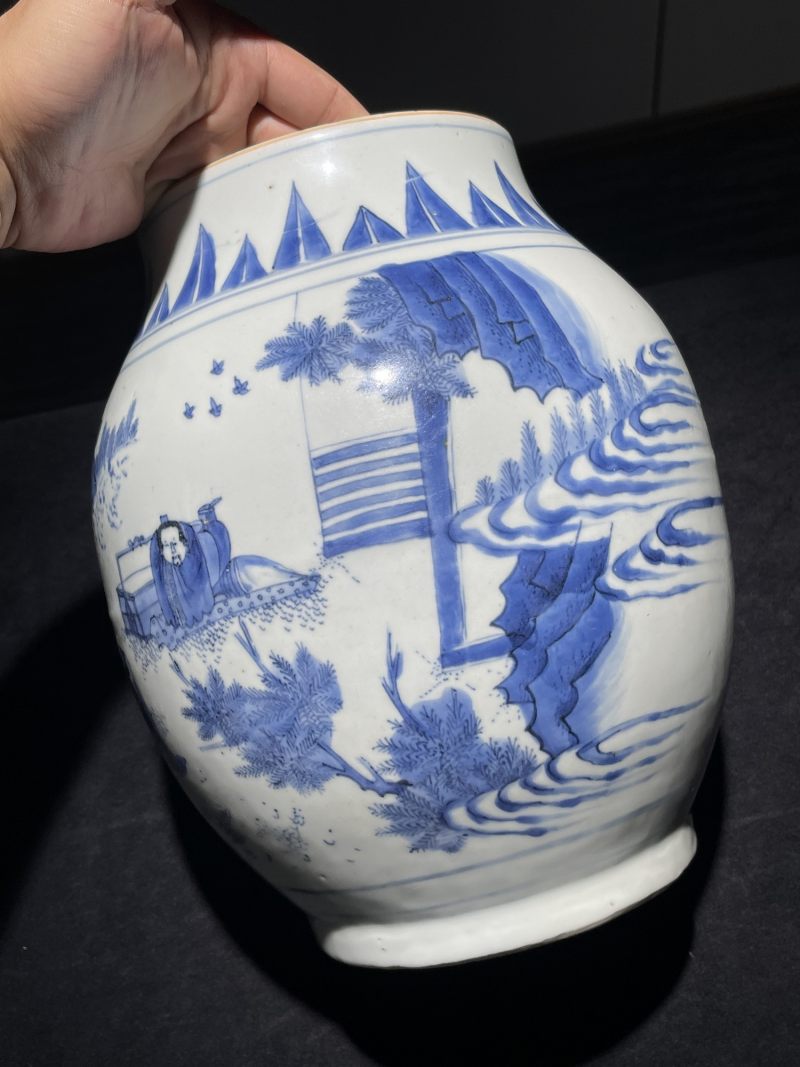 明崇祯 青花人物纹莲子罐 - 图4