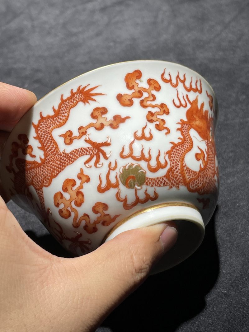 清道光 矾红龙纹茶园一对 - 图6