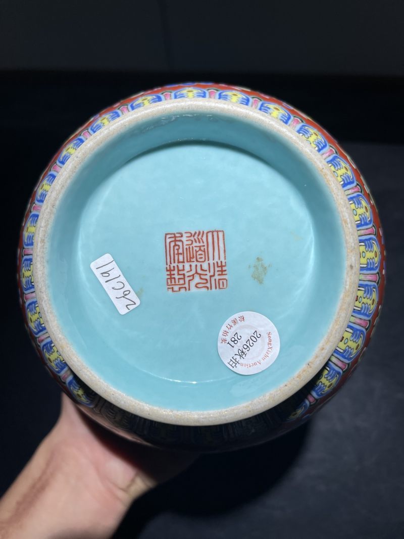 清道光 胭脂地洋彩西番莲纹胆瓶 - 图10