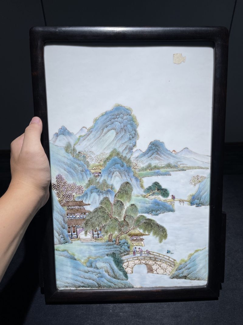 民国 粉彩山水纹插屏 - 图2