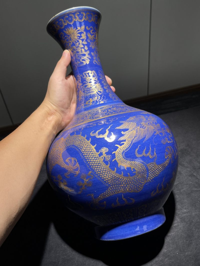 清光绪 祭蓝描金龙纹赏瓶一对 - 图19