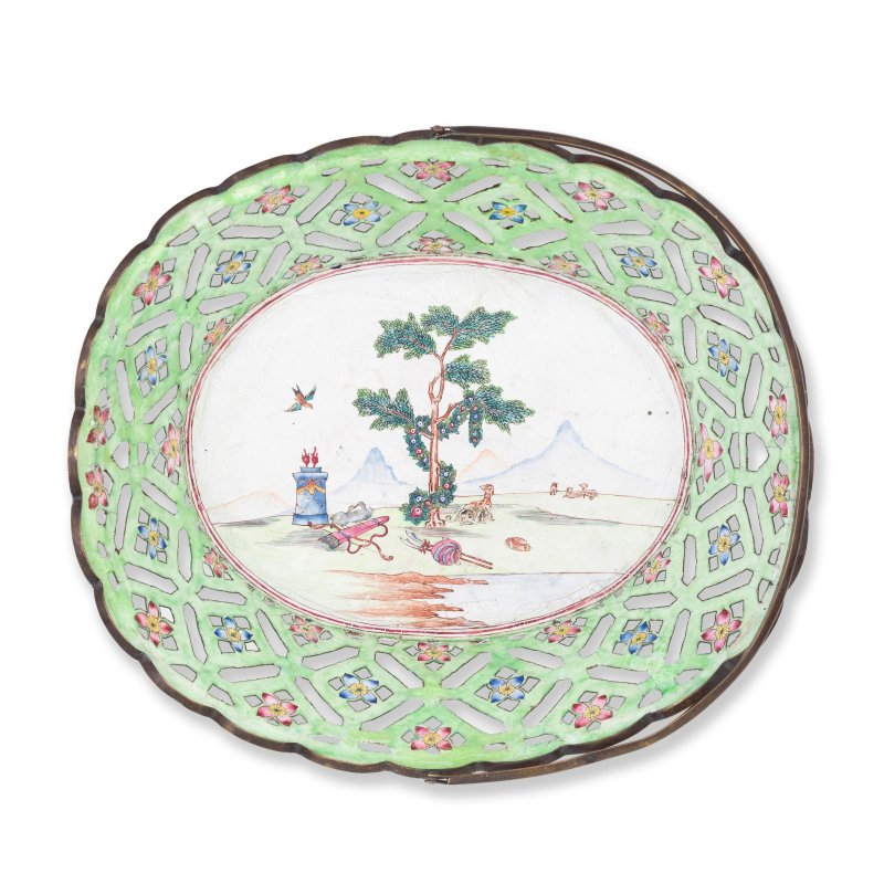 十八世紀 畫琺琅鏤空花籃 | A RARE PAINTED ENAMEL 'VALENTINE PATTERN' RETICULATED BASKET - 图3
