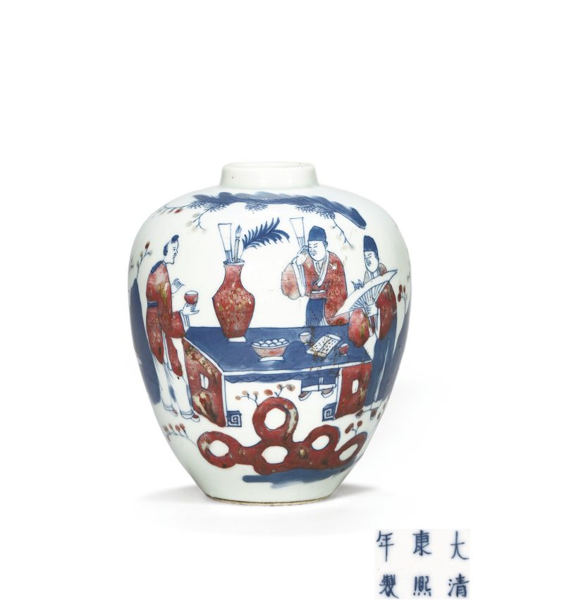 清晚期 青花釉里红人物纹小罐