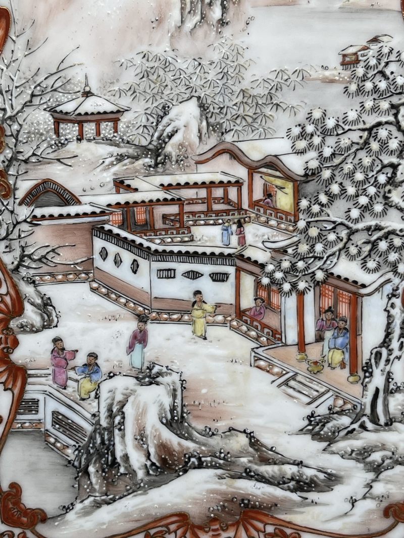 民国 矾红描金开光山水纹方瓶 - 图7