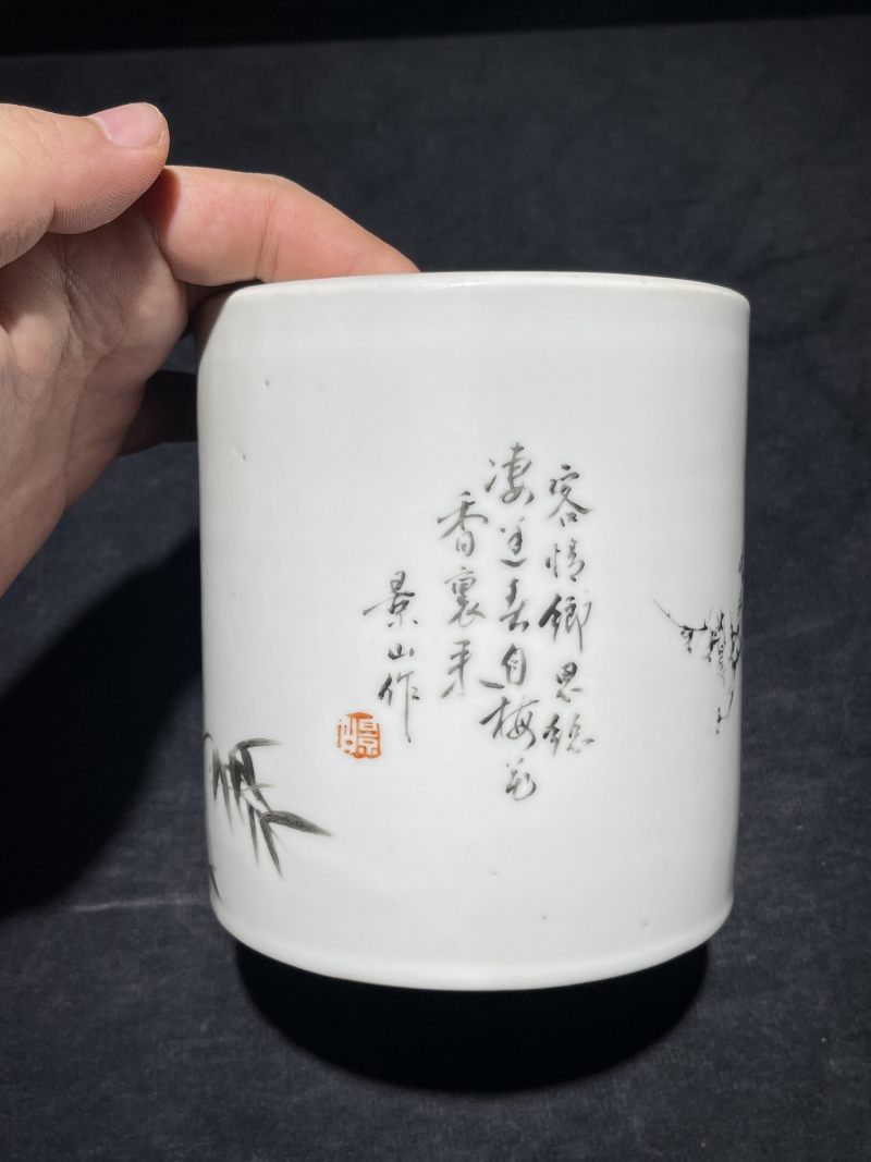 民国 墨彩花鸟纹笔筒 - 图3