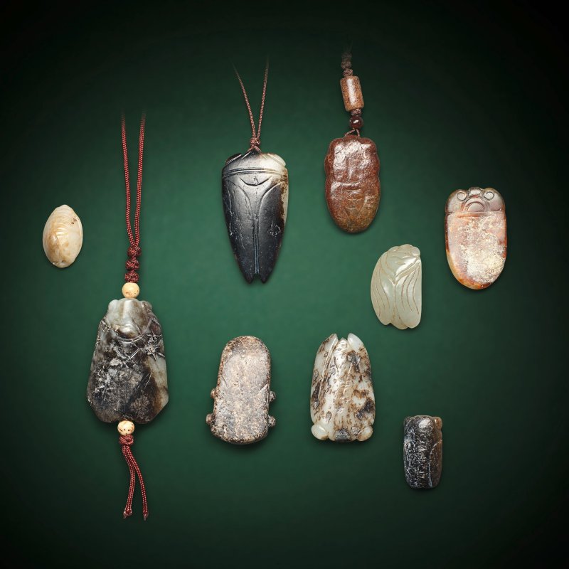 漢及更晚 玉雕蟬一組九件 | A GROUP OF NINE JADE CICADAS - 图1