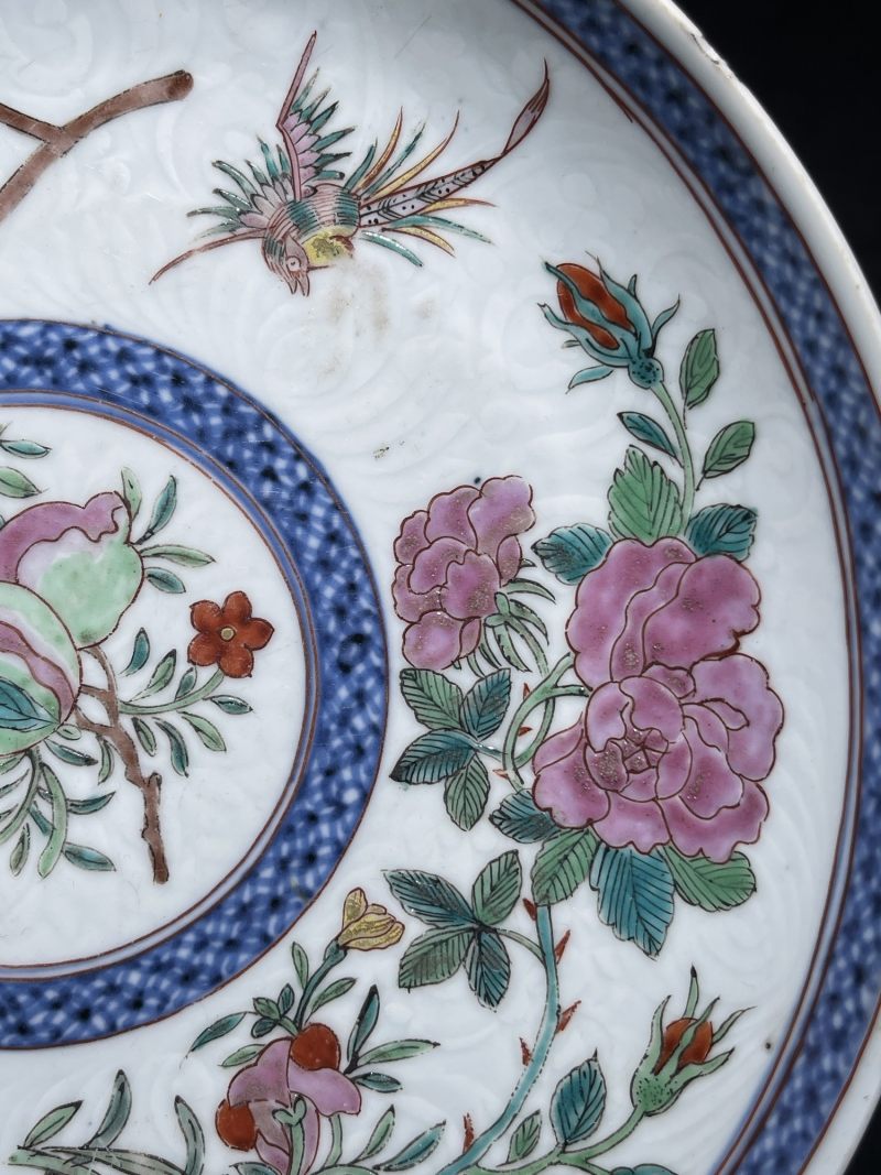 清康熙 青花粉彩暗刻花鸟纹盘 - 图5