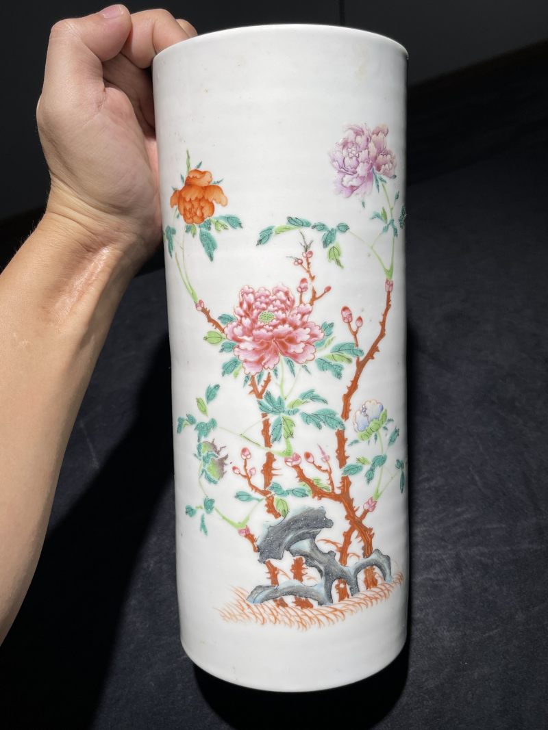 民国 粉彩花卉纹帽筒一对 - 图13
