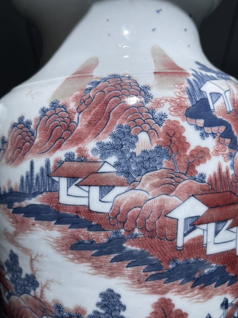 清中期 青花釉里红山水纹铺首尊 - 图6