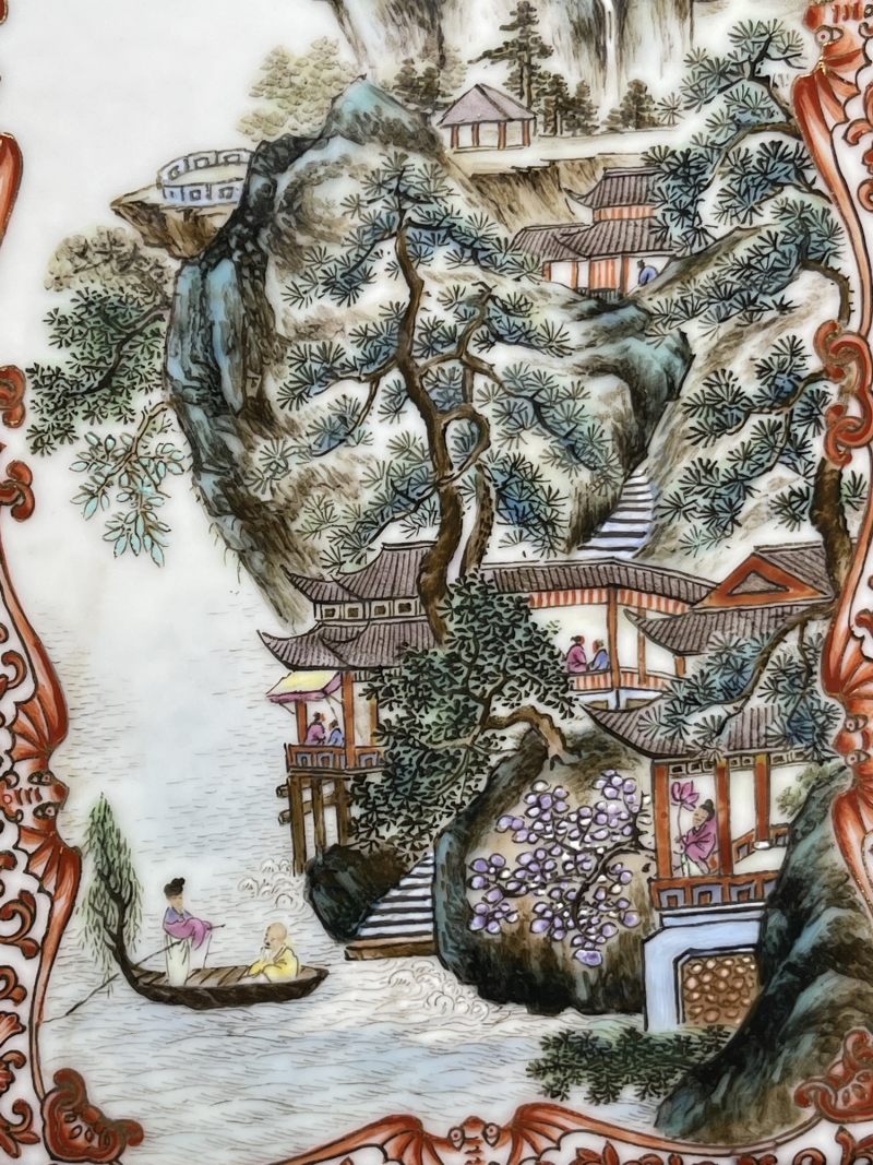 民国 矾红描金开光山水纹方瓶 - 图9