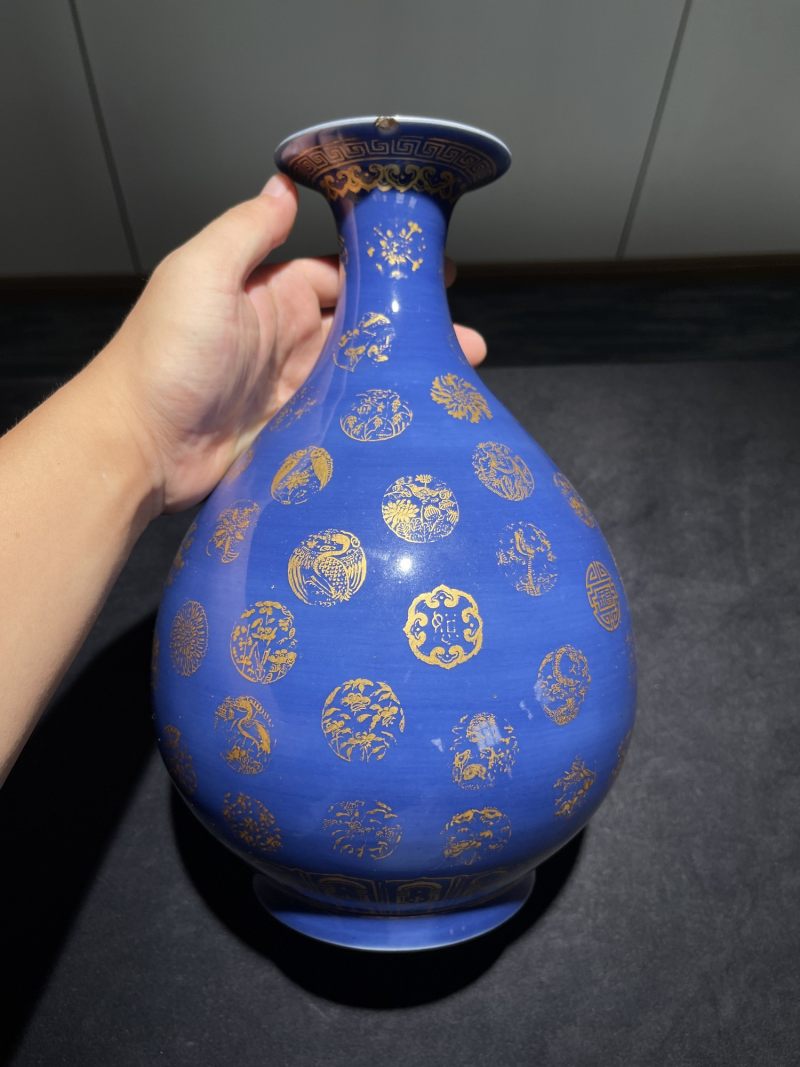 清光绪 祭蓝描金皮球花纹玉壶春瓶 - 图3