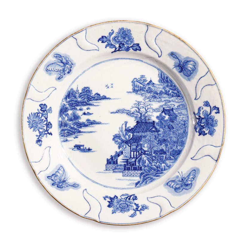 清雍正 青花花蝶山水纹盘 - 图1