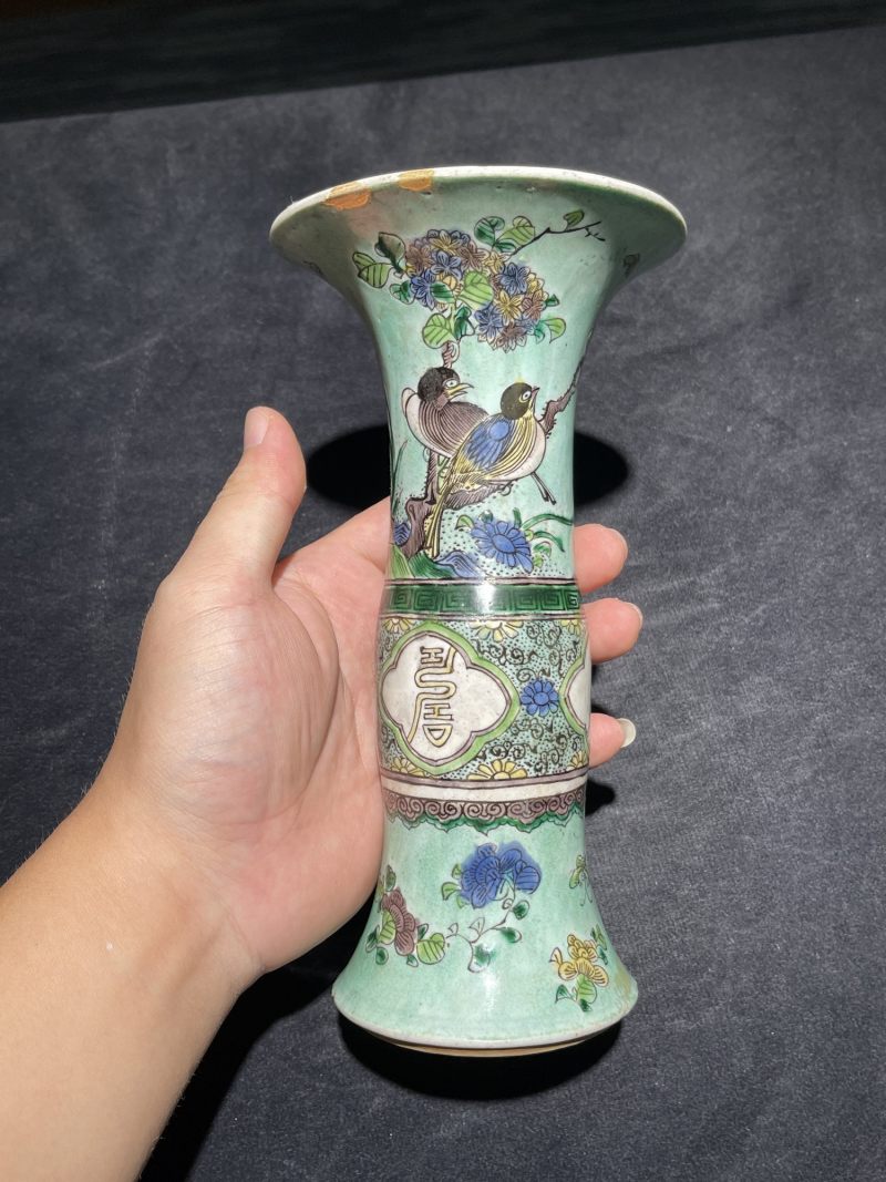 清康熙 素三彩花鸟纹小花觚 - 图2