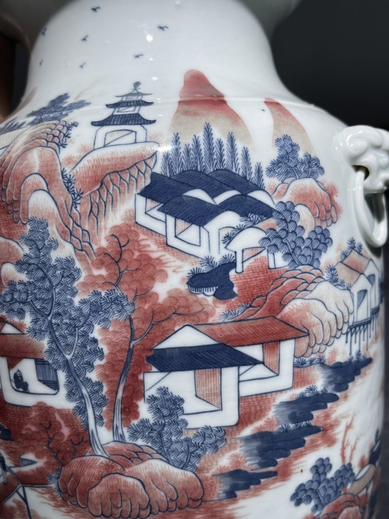 清中期 青花釉里红山水纹铺首尊 - 图8