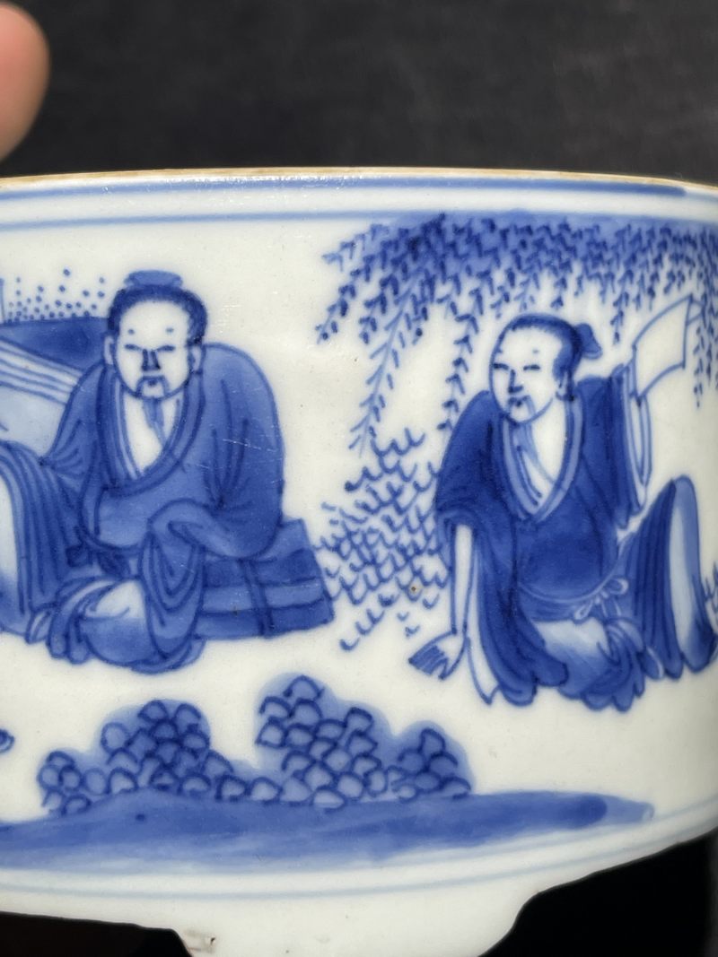 明崇祯 青花高士图三足琴炉 - 图8