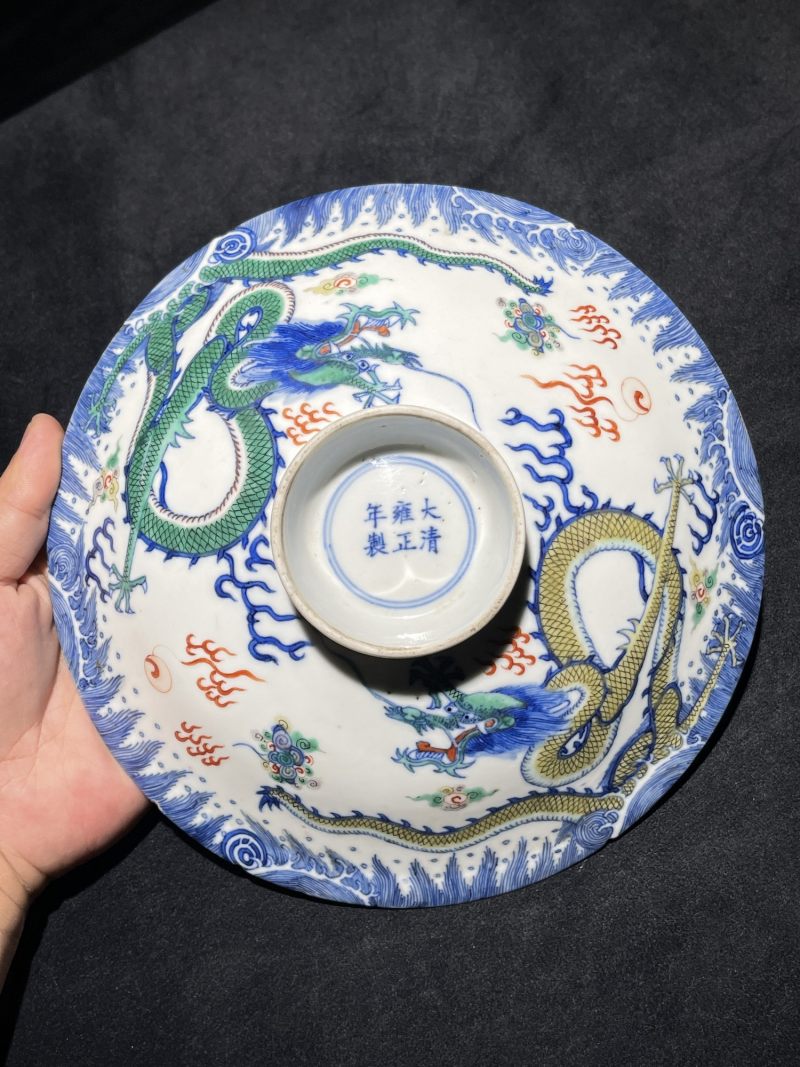 清晚期 青花五彩双龙纹盖一对 - 图2