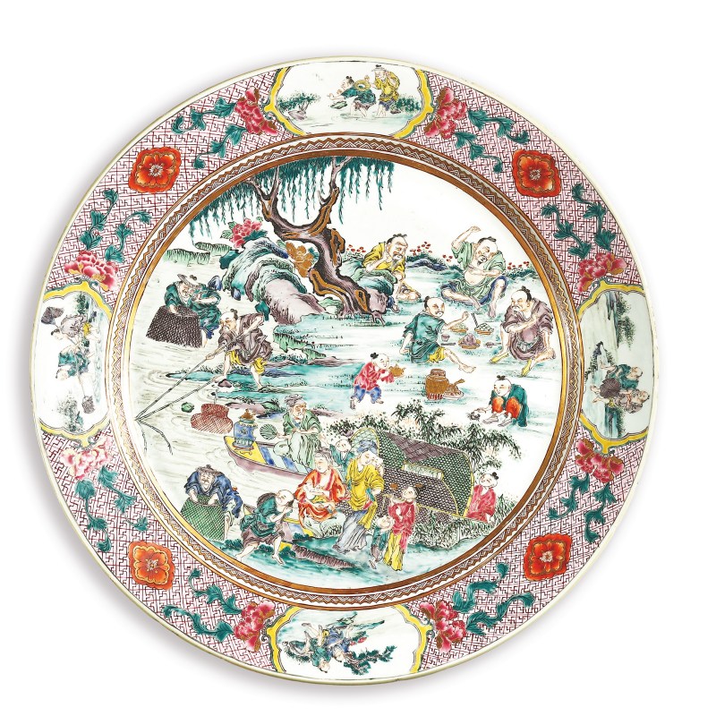 清雍正 粉彩渔家乐纹大盘 - 图1