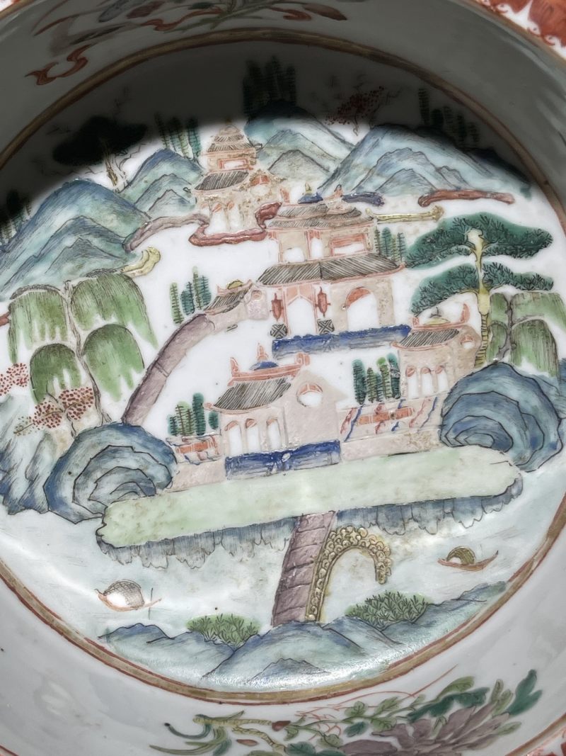 清中期 粉彩山水纹折沿洗 - 图3