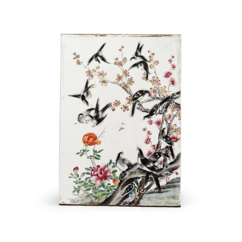 清晚期 粉彩喜鹊登梅纹瓷板