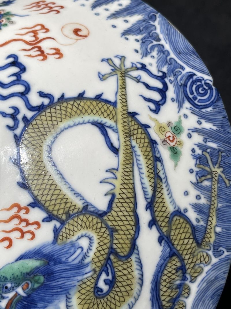 清晚期 青花五彩双龙纹盖一对 - 图4