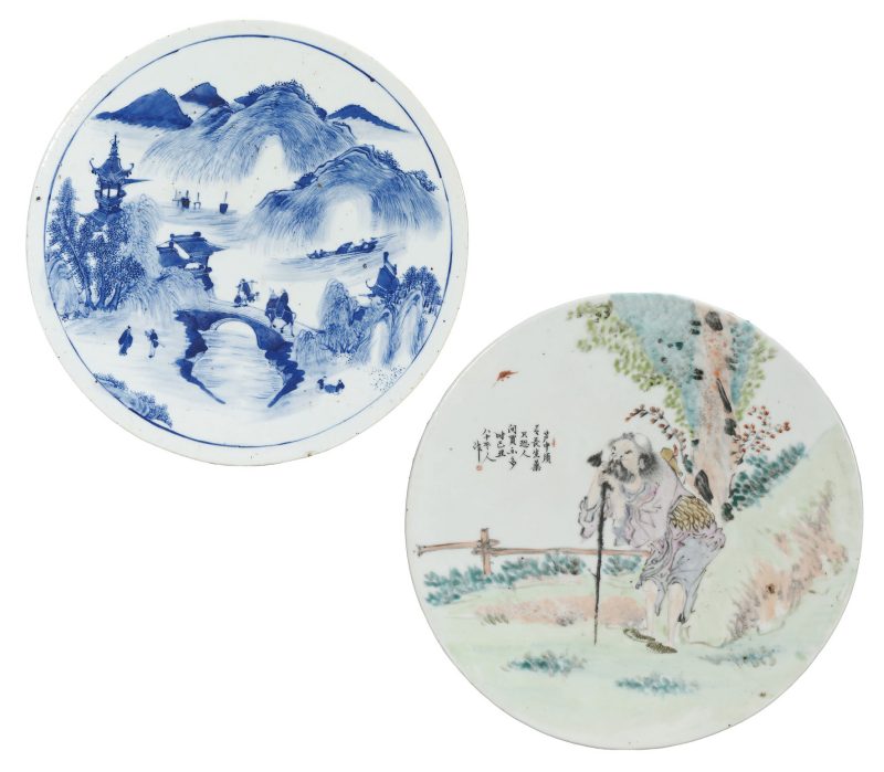 清代 青花、粉彩瓷板一组两件
