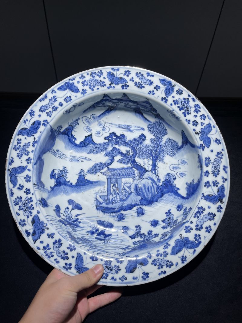 明晚期 青花人物故事纹折沿盆 - 图2