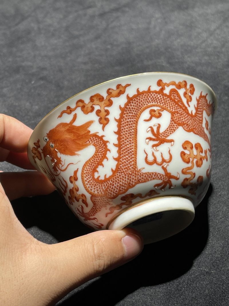 清道光 矾红龙纹茶园一对 - 图2